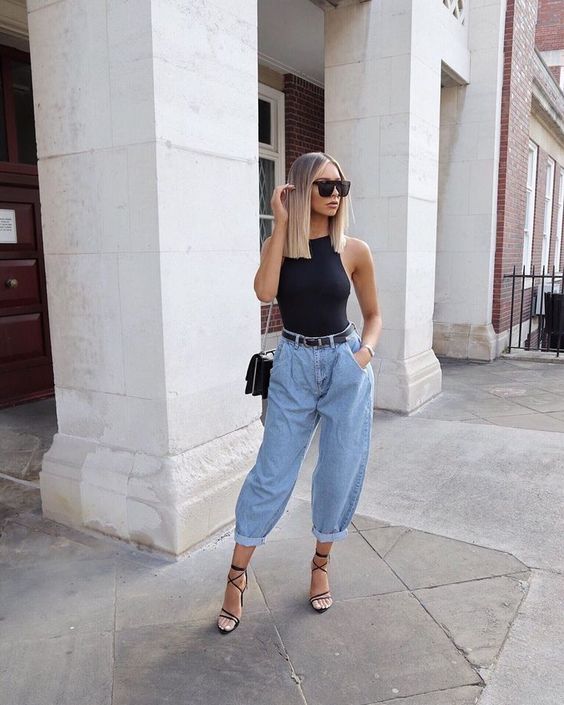 Halter Top with Baggy Jeans and Black Heels